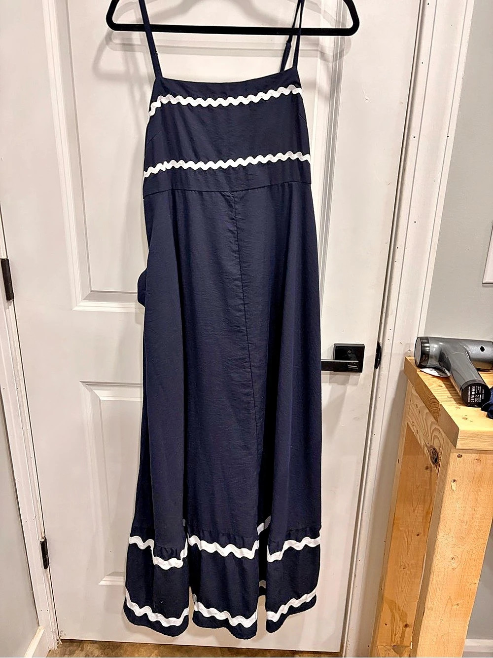 PrettyGarden Navy Maxi Dress with White Scallop Trim Large Like New